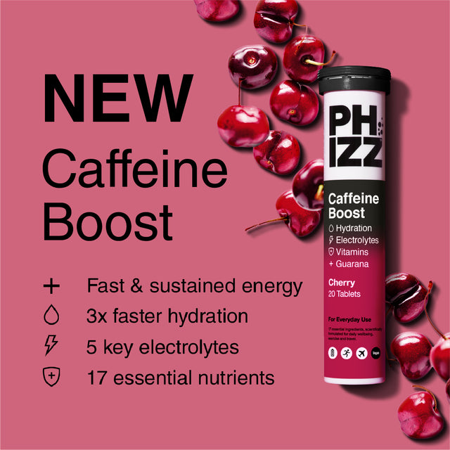 Phizz Cherry Caffeine + 3-in-1 Hydration, Electrolyte and Multivitamin Effervescent, 20 Tablets