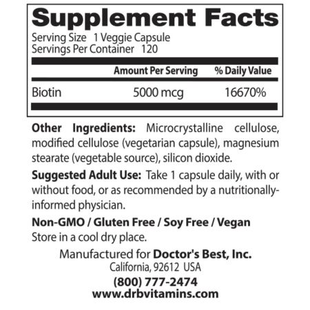 Doctor's Best Biotin 5,000mcg, 120 VCapsules