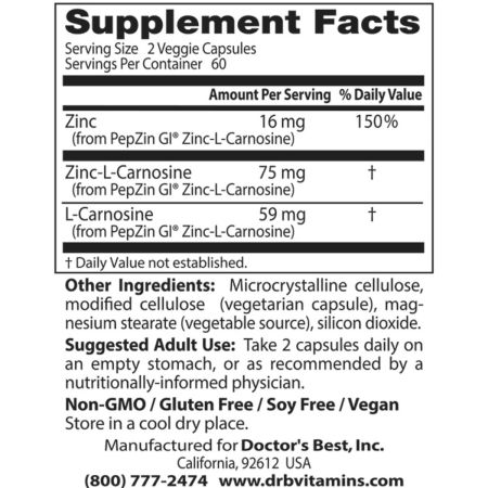 Doctor's Best PepZin GI, Zinc-L-Carnosine Complex, 120 VCapsules