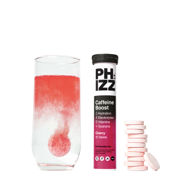 Phizz Cherry Caffeine + 3-in-1 Hydration, Electrolyte and Multivitamin Effervescent, 20 Tablets