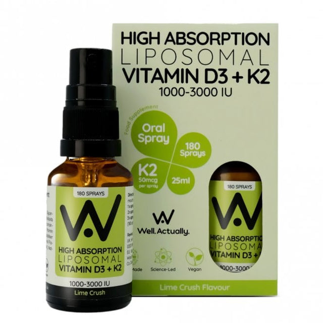 Well Actually Liposomal Vitamin D3 (2000IU's) + K2 (100mcg) Spray- Lime Crush, 25ml